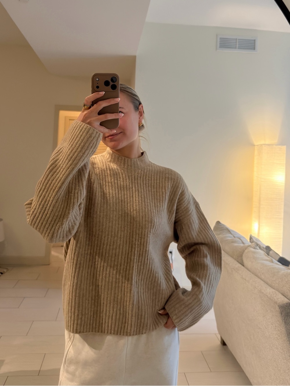 Uniqlo Ribbed Mock-Neck Sweater in Beige